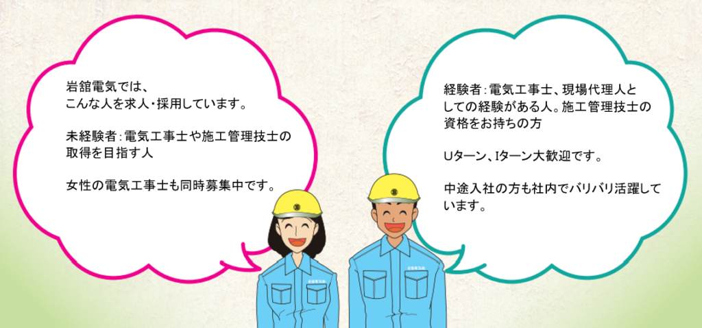 岩舘電気では、
こんな人を求人・採用しています。
未経験者:電気工事士や施工管理技士の
取得を目指す人
女性の電気工事士も同時募集中です。
経験者:電気工事士、現場代理人と
しての経験がある人。施工管理技士の
資格をお持ちの方
Uターン、Iターン大歓迎です。
中途入社の方も社内でバリバリ活躍して
います。